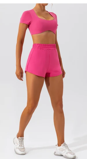 2-teiliges Set für Damen, kurzärmeliges Crop-Top und Shorts, Sommer-Set, lässige Yoga-Sport-Outfits